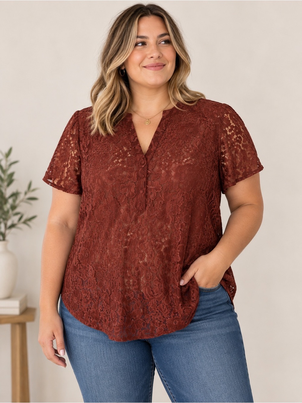 torrid 1XL Rust Lace V-Neck Short Sleeve Blouse